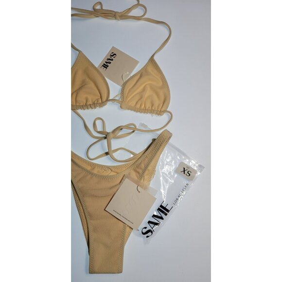 SAME Los Angeles Swim Bikini Set 2Pc Triangke Top High Weist Bottom Beige SZ XS - Picture 3 of 7